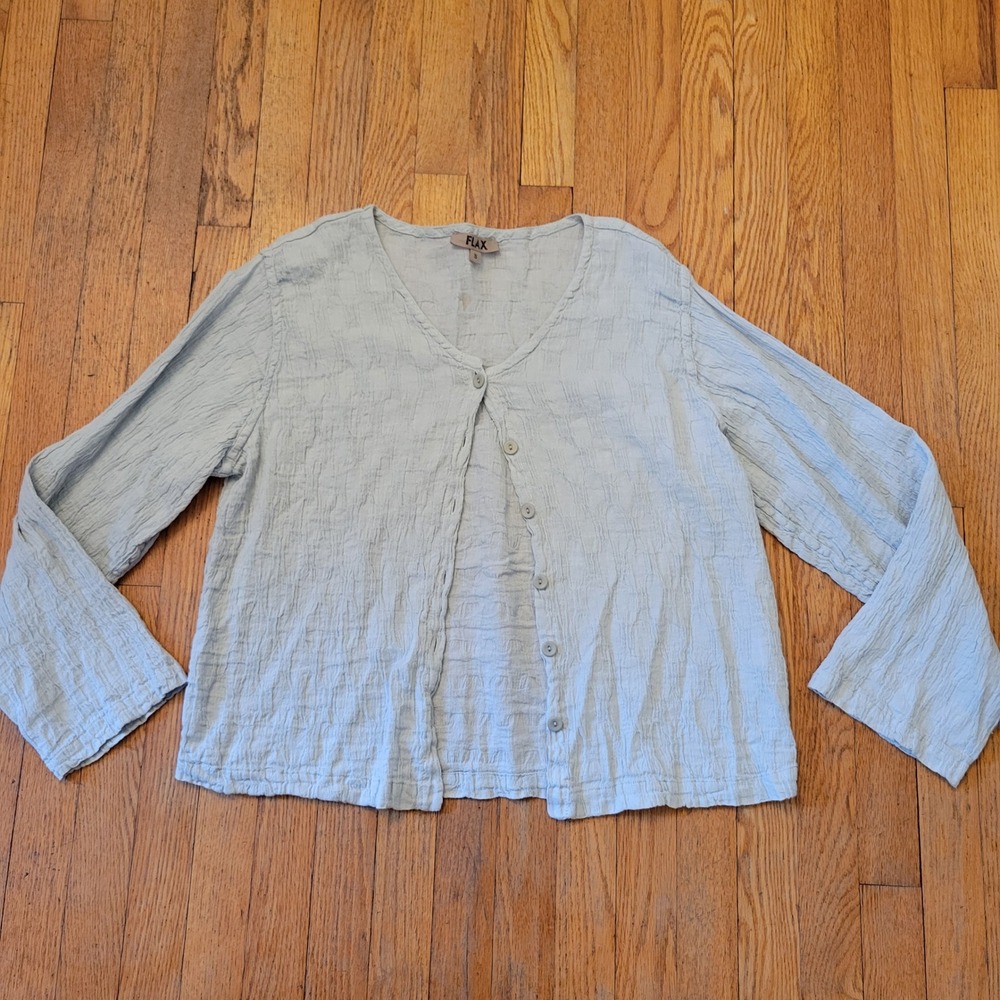 Flax S Blouse Gray Linen Cotton Textured Button Front Lagenlook Top Granola